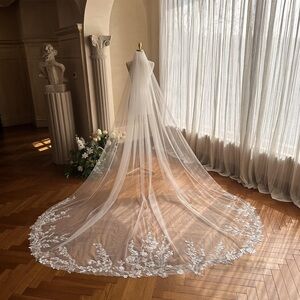Cathedral Length White Lace Bridal Veil
